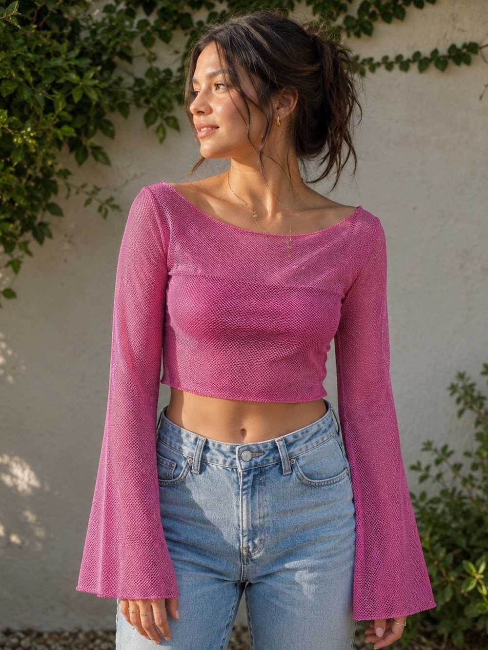 Pink Mesh Long-Sleeve Crop Top - Women
